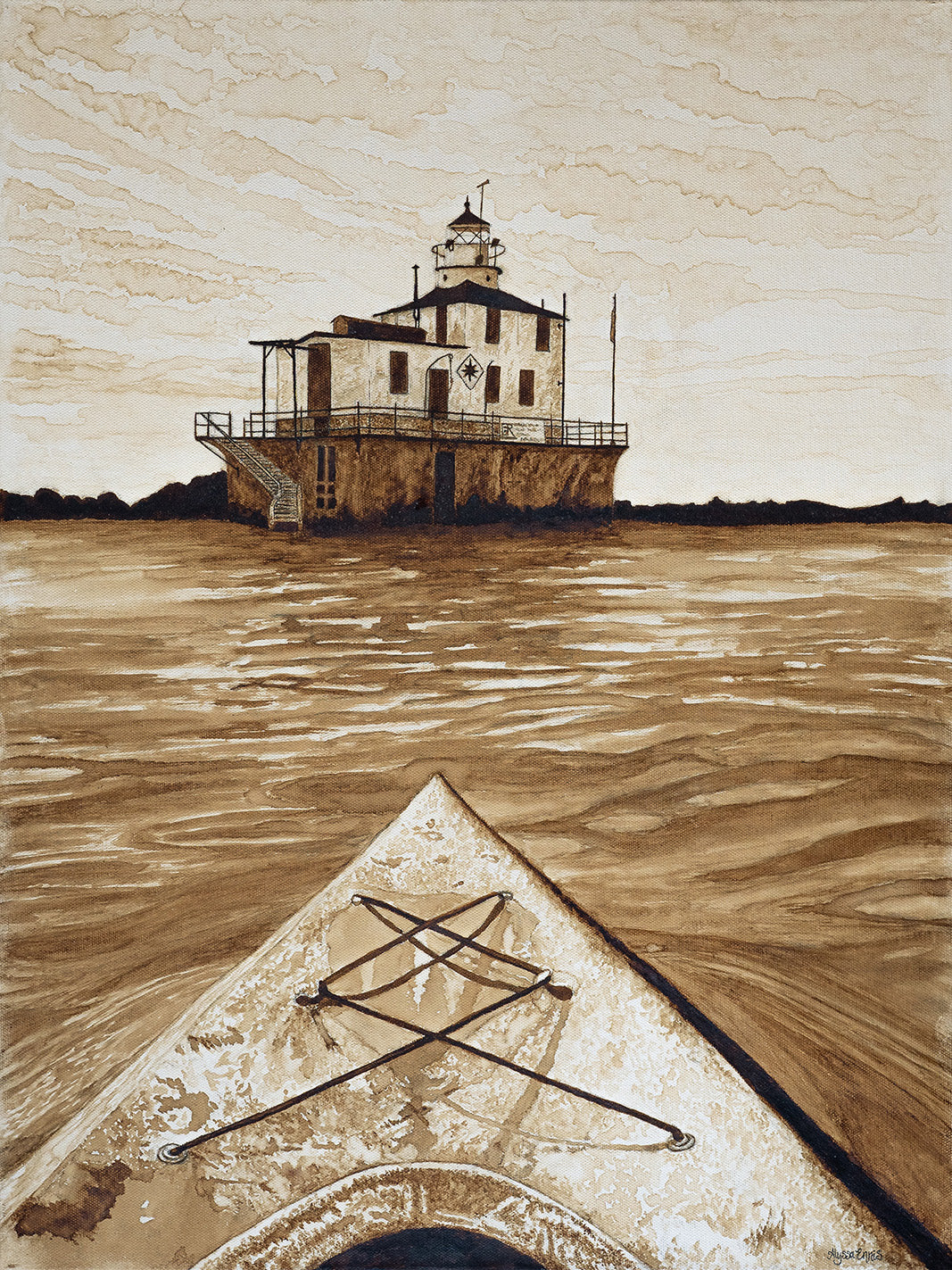 Ashtabula Lighthouse Coffee Painting Fine Art Print by Alyssa Ennis (Alyssa Ennis Art)