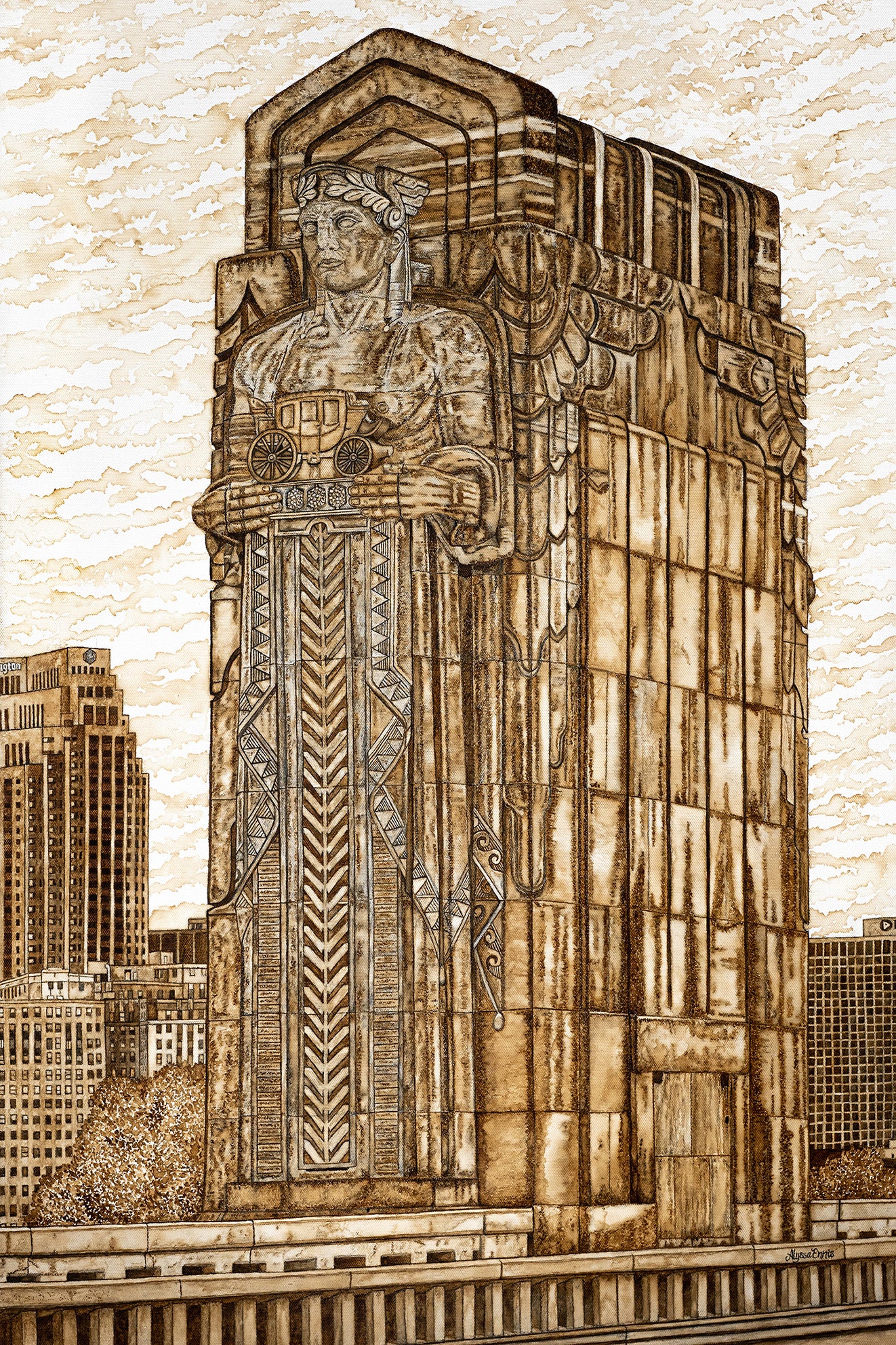 Cleveland Guardian of Traffic Coffee Painting Fine Art Print by Alyssa Ennis (Alyssa Ennis Art)