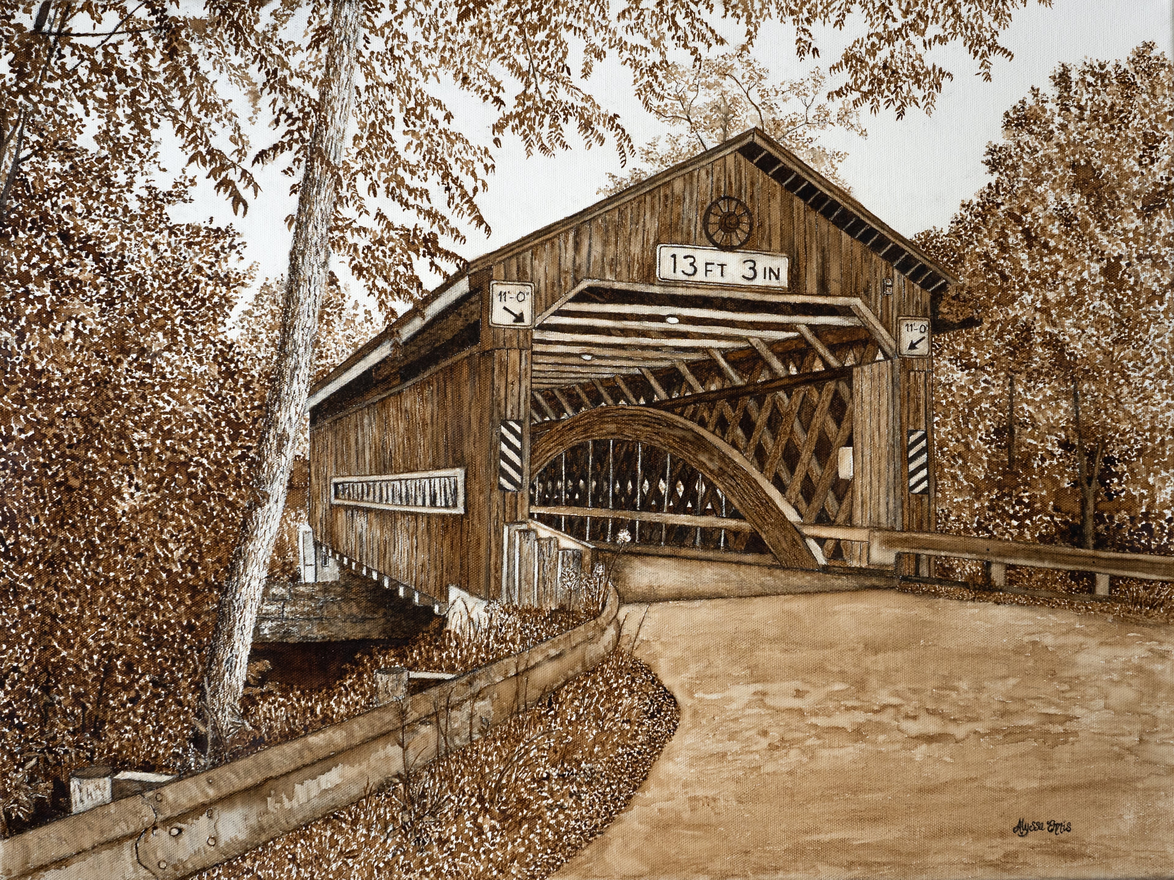Doyle Road Covered Bridge Coffee Painting in Jefferson Ohio by Alyssa Ennis
