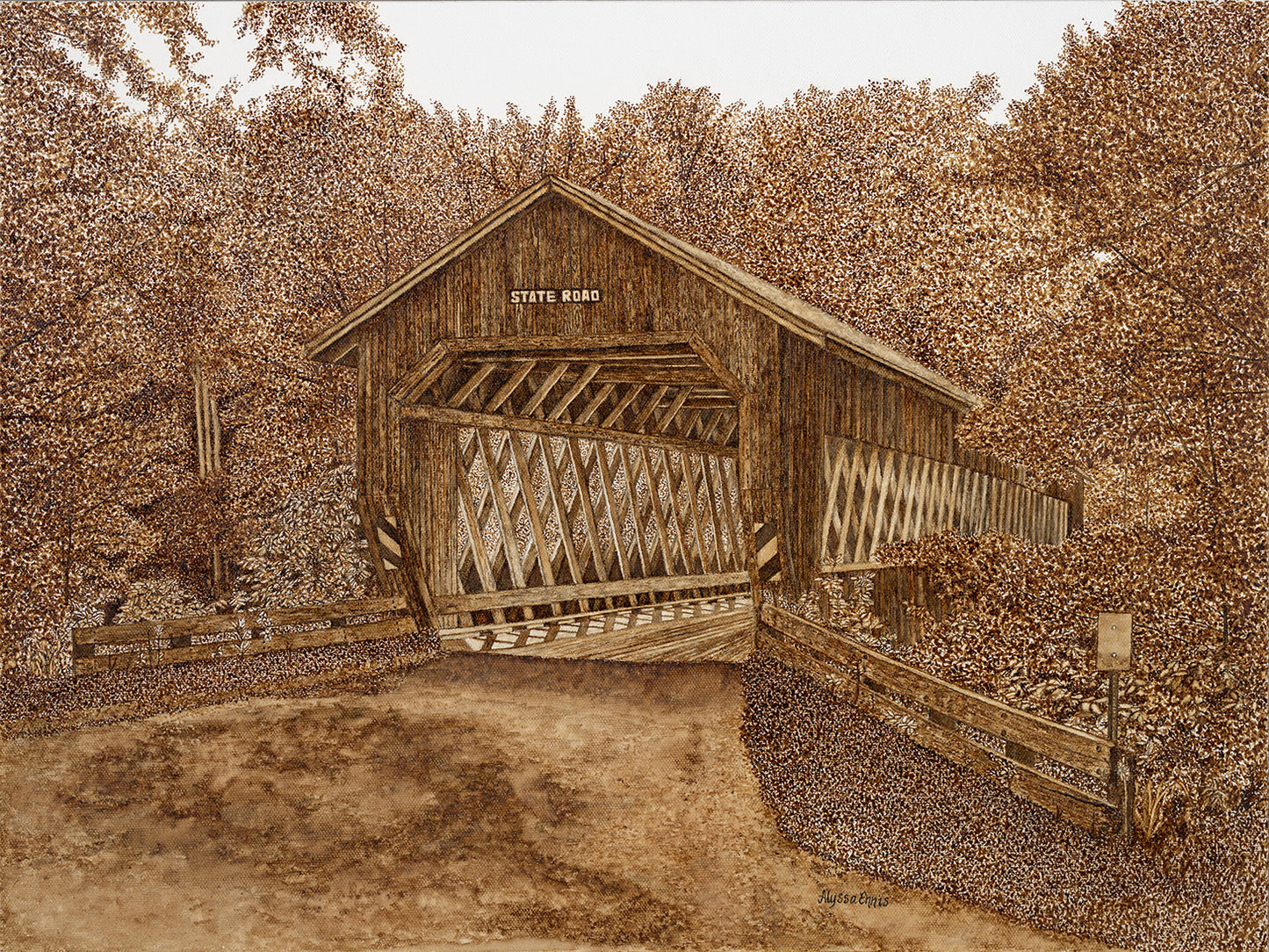 State Road Covered Bridge Coffee Painting Fine Art Print